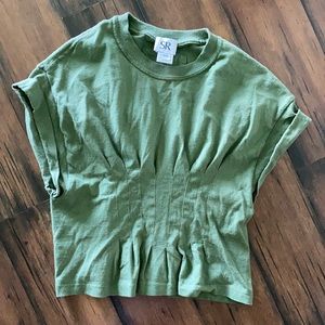 #22 SR Green Front Pleated Gather Cropped Cuffed Short Sleeve Shirt Size XS/S